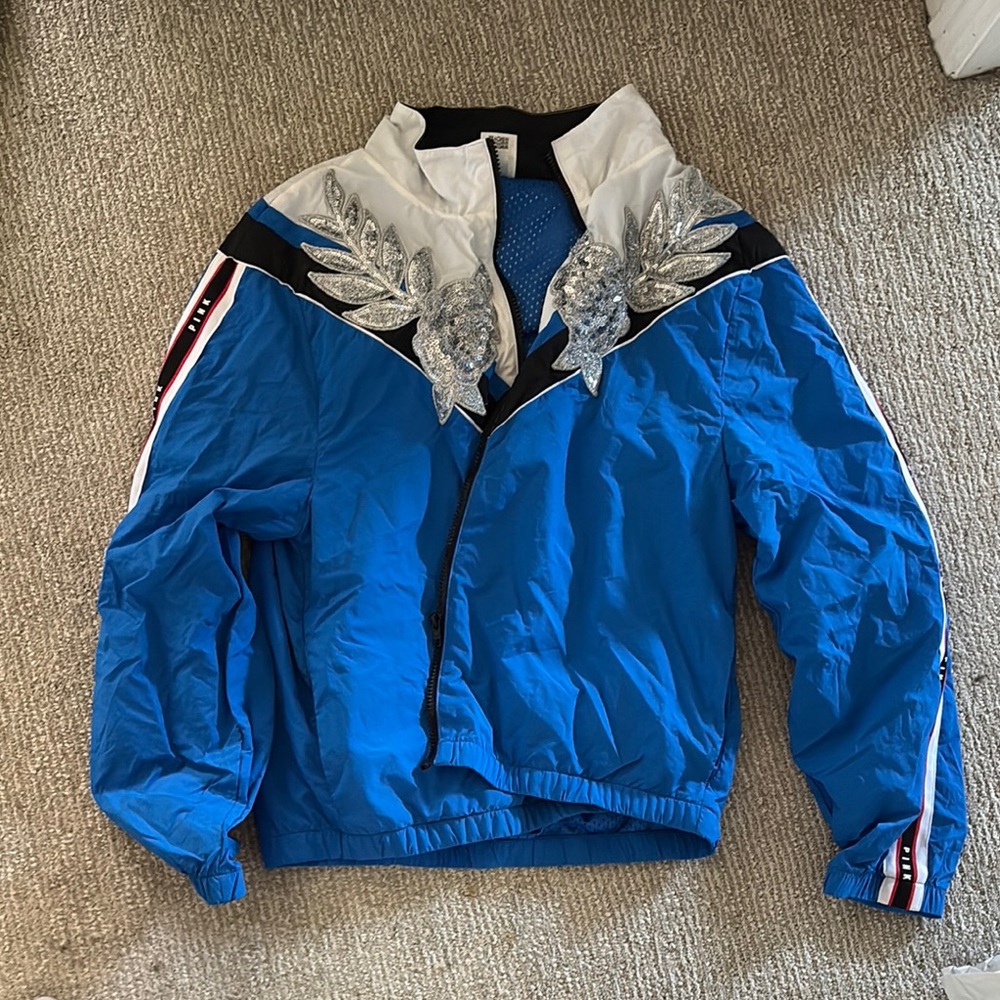 PINK Victoria's Secret Blue and White Bomber Jacket